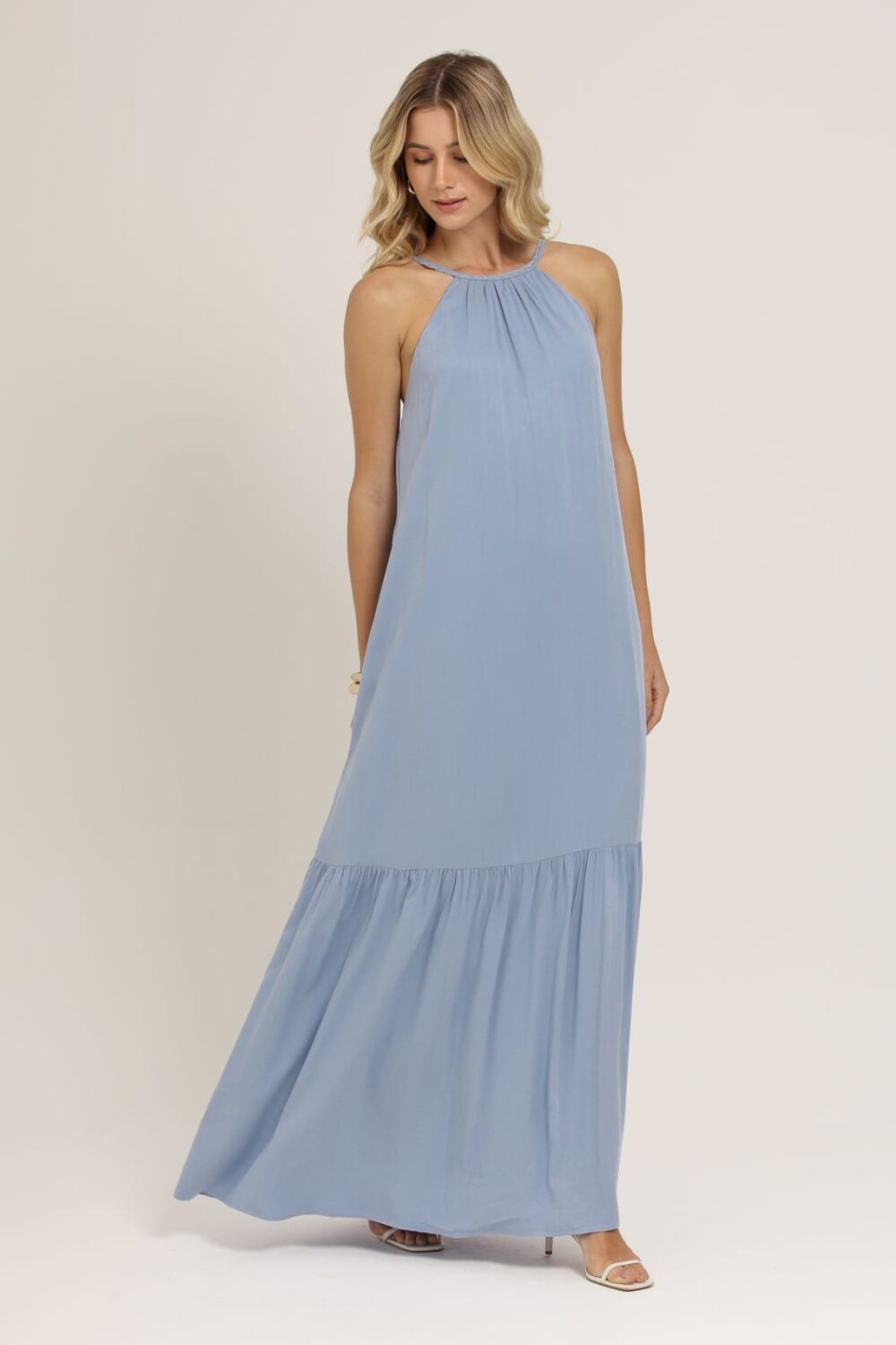 Vestido Longo Viscose Alça Tranças Azul