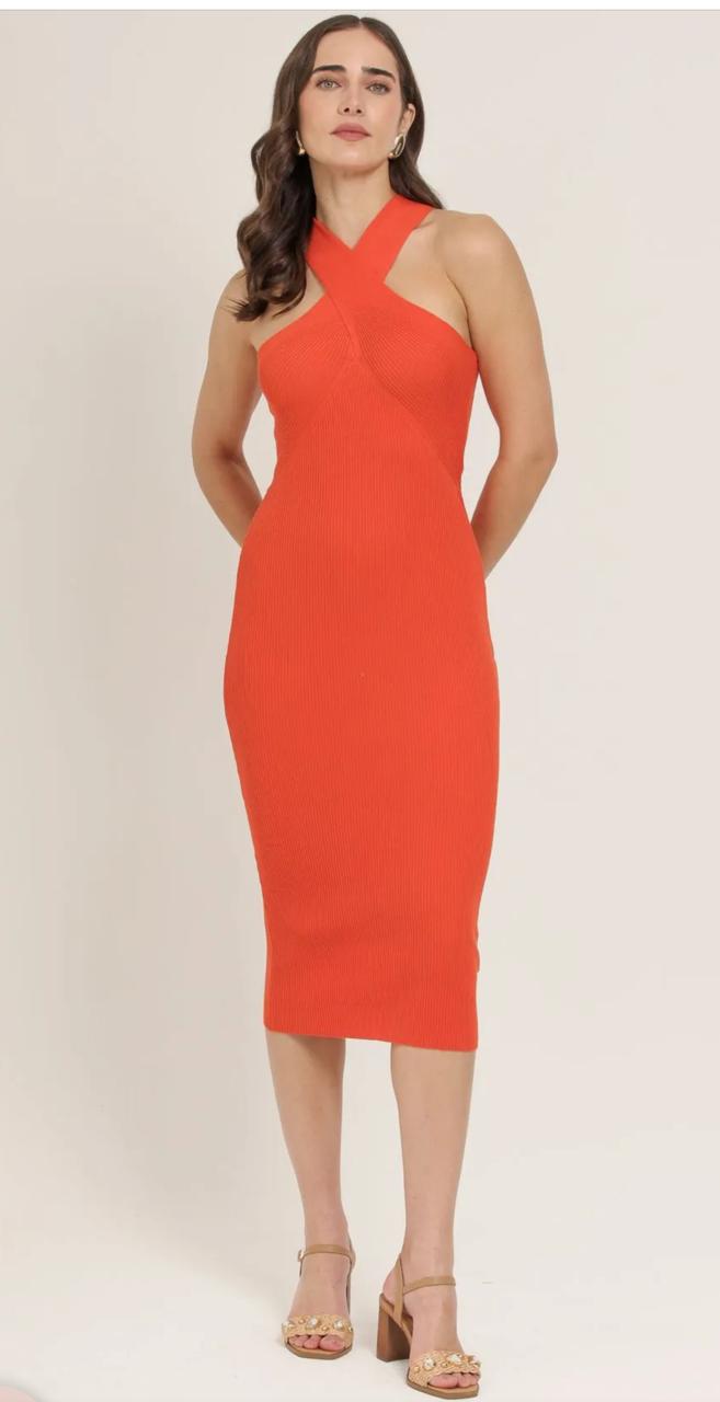 Vestido Midi Tricot Decote Cruzado