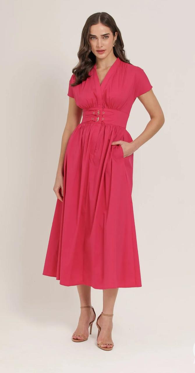 Vestido Longo Com Cinto Rosa